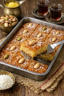 طريقة-عمل-بسبوسة مصرية بالسمن البلدي مغطاة بالشربات وجوز الهند