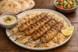 طريقة-عمل-أسياخ كفتة فراخ مصرية مشوية على الفحم بلون ذهبي، تقدم مع أرز بالشعرية وسلطة طحينة وخبز بلدي