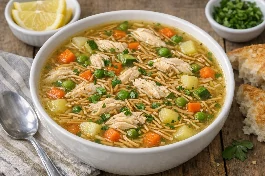طريقة-عمل-طبق شوربة الدجاج بالخضار والشعيرية المصرية التقليدية في سلطانية بيضاء