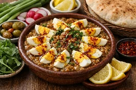 طريقة-عمل-طبق فول مدمس بالبيض، فول مهروس مع بيض مسلوق ومقطع، مزين بزيت الزيتون والليمون والملح والفلفل