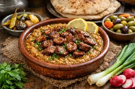 طريقة-عمل-طبق فول مدمس بالسجق الشرقي المحمر، مع حلقات السجق البنية فوق الفول المهروس ومزين بزيت الزيتون والبقدونس