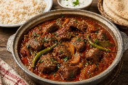 طريقة-عمل-طبق كباب حلة مصري شهي، قطع لحم طري محمرة تسبح في صلصة طماطم غنية بالأعشاب، يزينه فلفل أخضر وفلفل حار، ويقدم مع أرز أبيض وخبز بلدي