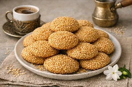 طريقة-عمل-طبق من الكحك المغطى بحبات السمسم الذهبية المحمصة، مع فنجان قهوة تركية وزهرة ياسمين