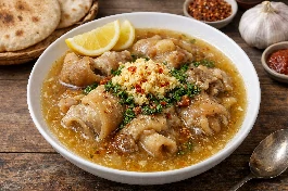 طريقة-عمل-طبق عميق من الكوارع المصرية في شوربة ثقيلة تشبه الجيلاتين، مزينة بالثوم المهروس والليمون والبقدونس الطازج، مع خبز بلدي