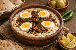 طريقة-عمل-طبق كشك مصري بالبيض في قصعة فخار، يظهر البيض المسلوق مغطى بصلصة الكشك الكريمية وعليه 'تقوير' البصل المحمر