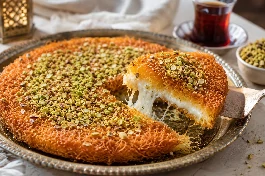 طريقة-عمل-صينية كنافة مصرية ذهبية ومقرمشة محشوة بالجبنة والمكسرات، يعلوها القطر اللامع وقطع الفستق، تقدم في طبق كبير مع الشاي