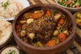 طريقة-عمل-طاجن فخار مصري تتصاعد منه الأبخرة، به موزة ضاني طرية بالثوم والجزر والبصل، تقدم مع أرز بالشعرية وخبز بلدي