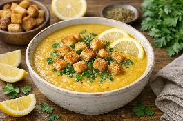 طريقة-عمل-وعاء شوربة عدس مصرية صفراء كريمية مزينة بشرائح الليمون والبقدونس والخبز المحمص