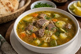 طريقة-عمل-طبق شوربة لحمة غنية بالخضار قطع اللحم والجزر والكوسة في شوربة صافية ذهبية اللون تقدم مع الخبز البلدي والليمون