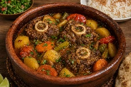طريقة-عمل-طريقة-عمل طاجن فخار مصري به قطع عكاوي مطهوة ببطء مع جزر وبطاطس وكرفس في صلصة غنية داكنة مع أرز أبيض