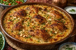 طبق رز معمر مصري فاخر في صينية فخار، أرز كريمي مفلفل بطبقة ذهبية محمرة على الوجه وقطع دجاج متبلة، مع قشطة ومكسرات، مائدة مصرية تقليدية