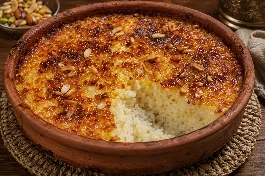 طبق أرز معمر مصري بالخلطة والسمن البلدي، وجه ذهبي مقرمش وقوام كريمي غني، يقدم في طاجن فخاري مع قطع الدجاج والمكسرات