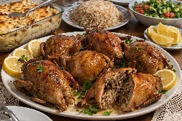 طريقة-عمل-حمام مصري محشي أرز ذهبي مقرمش يقدم في طبق مع مكرونة بالبشاميل وأرز بالشعرية وليمون