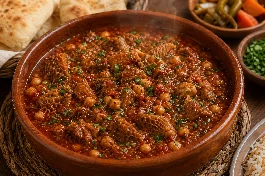 طريقة-عمل-طاجن كرشة مصرية مطهوة مع حمص وطماطم في صلصة حمراء داكنة بخار يتصاعد مع خبز بلدي