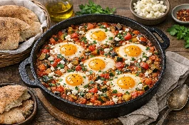 طريقة-عمل-طبق شكشوكة مصرية عصرية مليء بالخضار الملونة والبيض المقلي على الوجه، مع خبز بلدي على الجانب