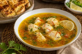 طبق شوربة سمك بالزعفران والطماطم إماراتي، مرق شفاف ذهبي مع قطع فيليه سمك بيضاء، مزين بالزعفران والبقدونس الطازج مع خبز محمص