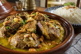 طريقة-عمل-طاجن لحم إماراتي فاخر بالزعفران واللوز، قطع لحم طريّة في صلصة ذهبية غنية بالزعفران واللوز المحمص، يقدم في طبق فخاري مع الأرز الأبيض