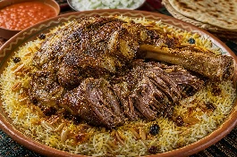 حنيذ لحم يمني طري يتساقط من العظم مع أرز بسمتي مدخن، مزين باللوز والزبيب في طبق فخاري يمني