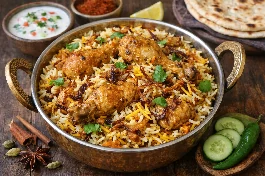 طريقة-عمل-طبق برياني دجاج هندي غني بالأرز البسمتي والدجاج المتبل والمكسرات، مزين بالكزبرة والبصل المقلي