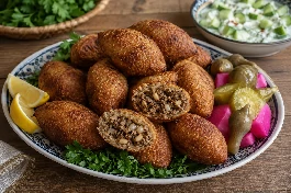 طبق كبة عراقية مقلية ذهبية ومقرمشة، كرات بيضاوية الشكل محشوة بلحم مفروم متبل بالبهارات، الصنوبر، والجوز، تقدم على طبق تراثي مع شرائح الليمون، البقدونس الطازج، والمخللات، إلى جانب سلطة الزبادي والخيار