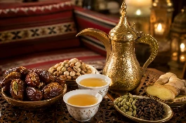 دلة قهوة عربية أردنية مع فنجان قهوة بلون ذهبي فاتح محاطة بحبات الهيل والزنجبيل والقرنفل، تقدم في مجلس أردني تقليدي مع تمر ومكسرات
