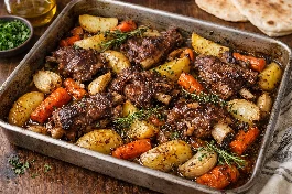 طريقة-عمل-صينية فرن كبيرة مليئة بقطع لحم الضأن الذائبة وقطع البطاطا والجزر الذهبية مع أغصان إكليل الجبل الطازجة