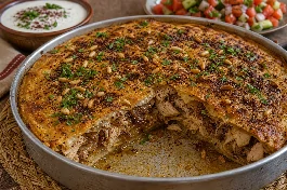 طبق مكمورة دجاج أردني تقليدي يظهر طبقات خبز الشراك الذهبية المشربة بمرق الدجاج والبصل السماقي والصنوبر المحمص