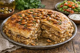 طريقة-عمل-صينية مكمورة أردنية ذهبية اللون مع طبقات من العجين الرقيق المحشو بالدجاج والبصل المكرمل، مزينة باللوز المحمص