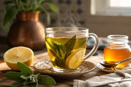 طريقة-عمل-شاي مريمية أردني ذهبي دافئ بشرائح الليمون الطازج والعسل، مقدم في كوب زجاجي شفاف مع أوراق مريمية طازجة على خلفية دافئة