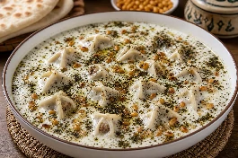 طبق تشيش برك أردني تقليدي بحبات البرك المحشوة باللحم تسبح في مرق اللبن الساخن المزين بالنعناع الجاف والصنوبر المحمص
