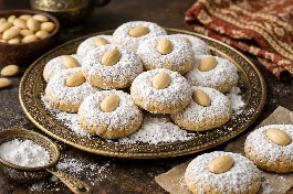 طريقة-عمل-كحك العيد باللوز الأبيض المقشر، مرشوش بالسكر البودرة، مع حبات لوز كاملة على الوجه وأوراق لوز أخضر