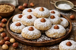 طريقة-عمل-كحك العيد المحشو بالبندق المحمص، مرشوش بالسكر البودرة، مع حبات بندق كاملة على الوجه وأوراق بندق خضراء
