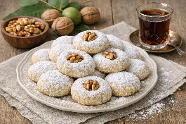 طريقة-عمل-كحك العيد المصري المحشو بالجوز، مرشوش بالسكر البودرة، مع حبات جوز كاملة على الوجه وكوب شاي مصري