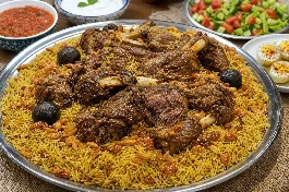 طبق مجبوس لحم كويتي فاخر، أرز بسمتي أصفر مفلفل مدخن مع قطع لحم ضأن ذائبة، مزين باللومي الأسود والمكسرات الذهبية، مقدم في صينية تقديم كبيرة مع دقوس ولبن