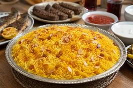 طبق أرز كويتي بالزعفران واللوز المحمص، حبات أرز بسمتي ذهبية مفلفلة مع لوز مقرمش وزبيب ذهبي، يقدم في طبق كبير بجانب سمك مشوي وكباب ومشروبات