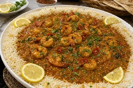 طبق مموش روبيان كويتي كريمي القوام مع الأرز الأبيض وشرائح الليمون، يزين بالكزبرة الخضراء والفلفل الأحمر الحار