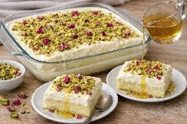 طريقة-عمل-طبق بايركس مربع به طبقات من حلى السميد الأبيض الكريمي (ليالي لبنان) مغطاة بطبقة سميكة من القشطة الطازجة، ومزينة بالفستق الحلبي المجروش والورد المجفف، مع سكب شيرة ذهبية على الجانب