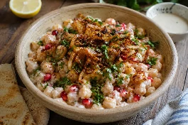 طريقة-عمل-سلطة حمص لبنانية مع الطحينة الكريمية والبصل المحمر الذهبي، تقدم في طبق فخاري مع خبز عربي ورمان