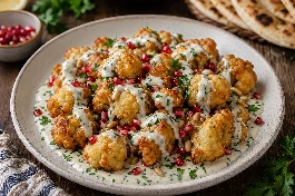 طريقة-عمل-طبق قرنبيط مقلي ذهبي مع صلصة طحينة وبقدونس وليمون، مزين بحب الرمان وخبز عربي محمص