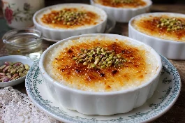 طريقة-عمل-طبق رز بحليب لبناني فاخر بوجه ذهبي مكرمل ومزين بالفستق الحلبي والمستكة وماء الزهر في أطباق تقديم تقليدية