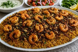 طبق صيادية روبيان لبناني فاخر، أرز أصفر مفلفل بمرق البحر مع روبيان ذهبي مقلي وبصل محمر وصنوبر ولوز، إلى جانب سلطة لبنانية وصلصة الطحينة
