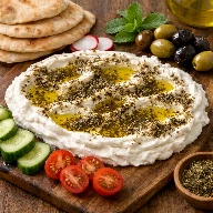 طريقة-عمل-لبنة شامية مقدمة على طريقة البورد مع الزعتر وزيت الزيتون وخبز عربي