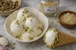 طريقة-عمل-سكوبات من آيس كريم الحليب الأبيض الكريمي في طبق مزين بالفستق المجروش، بجانبه حبات من المستكة واللبان الدكر