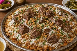 طريقة-عمل-طبق فتة لحمة مصرية شهي مكون من طبقات الأرز والخبز المحمص وقطع اللحم البقري المسلوقة ومغطى بصلصة الخل والثوم الكريمية ومزين بالمكسرات المحمصة والبقدونس