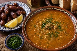 طبق شوربة حريرة مغربية أصيلة بالحمص والعدس والشعيرية بقوام سميك، بجانبها تمر وليمون، ومزينة بالكرفس والبقدونس