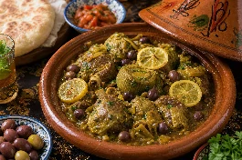 طاجين خرشوف مغربي باللحم والزيتون في إناء فخاري، مع شرائح ليمون معصفر وصلصة ذهبية كثيفة، مقدم على مائدة مغربية تقليدية مع خبز على الجانب