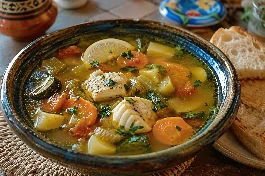 طريقة-عمل-شوربة سمك مغربية صافية وذهبية بالخضار والزعفران، قطع سمك طريّة وجزر وكوسا في مرق شفاف مع أعواد الكرفس والكزبرة الطازجة