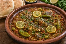 طاجن قلاية سمك مغربي بصلصة الطماطم والبصل والفلفل الحار والكزبرة، مع قطع السمك الذهبية وشرائح الليمون والخبز المغربي