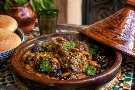 طاجن فخاري مغربي تقليدي مخروطي الغطاء، يقدم قطع لحم غنم طرية تتساقط من العظم في صلصة بنية لامعة بالعسل والقرفة والزعفران، محاطة بحبات البرقوق المطهو الممتلئ واللوز المقلي الذهبي، ويرش فوقه بذور السمسم المحمصة، مع رذاذ زيت الزيتون وأوراق الكزبرة الطازجة، بجانب خبز مغربي دائري على مائدة مراكشية مزخرفة بالزليج