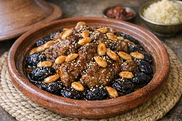 طريقة-عمل-طاجن مغربي تقليدي من الفخار يحتوي على لحم غنم طري ذائب مع برقوق مطهو بالقرفة والزعفران ولوز محمص ذهبي، مزين بالسمسم